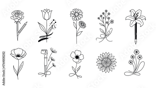 Delicate Botanical Illustrations: A collection of exquisite line art showcasing a variety of beautiful, meticulously crafted floral elements, celebrating the simple elegance of nature's beauty.