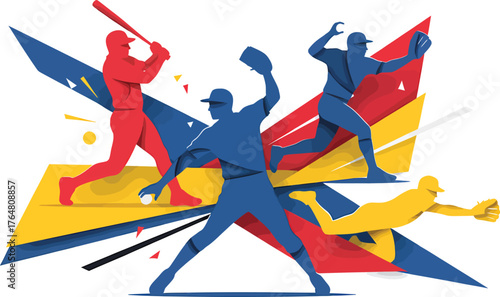 Baseball Players Action Silhouettes with Abstract Geometric Shapes Background Illustration