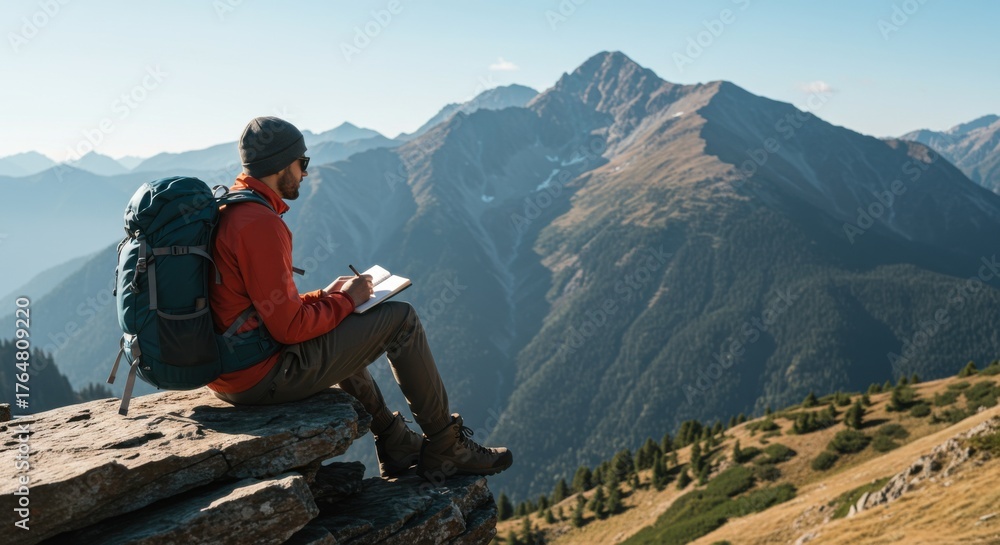 Fototapeta premium Adventurer journaling in majestic mountain landscape for international mountain day celebration