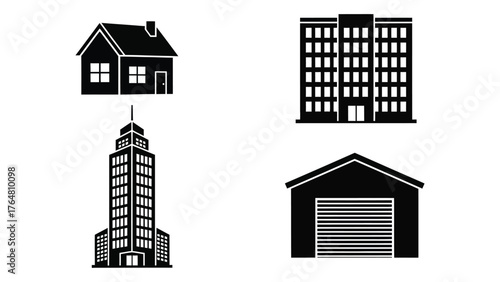 Collection of four diverse building icons including house office and garage designs silhouette