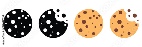 Four Bitten Cookies Icon Set – Tasty Chocolate Chip Biscuits in Different Styles and Colors,
 Sweet Dessert Vector Illustration