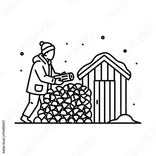 Person stacking firewood next to wooden shed in winter with snow falling, simple line