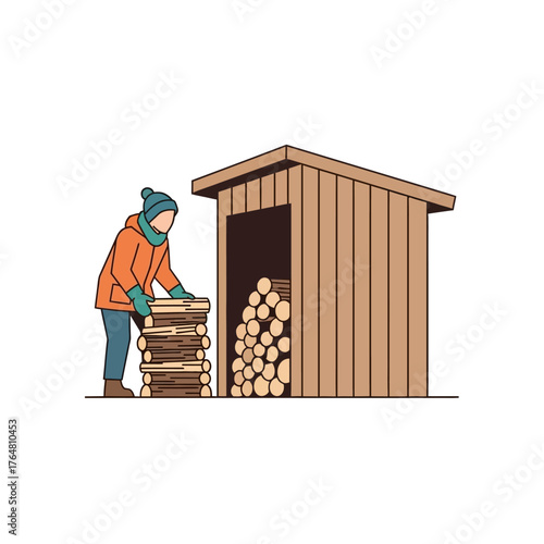 Person in winter clothing stacking firewood next to wooden storage shed filled with logs, colored