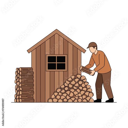 Man stacking firewood next to wooden shed, preparing for winter