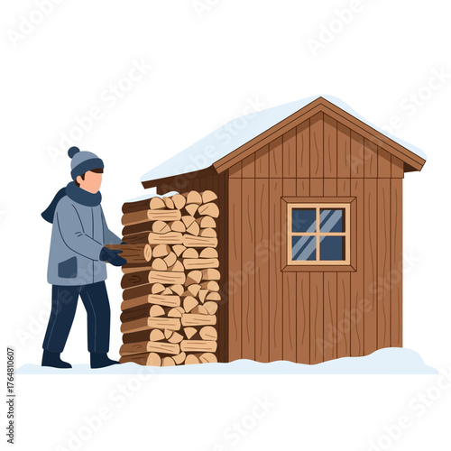 Man stacking firewood next to wooden shed in snowy winter landscape, preparing for cold weather and heating