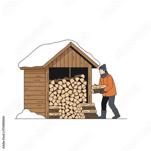 Person carrying firewood into snowcovered shed