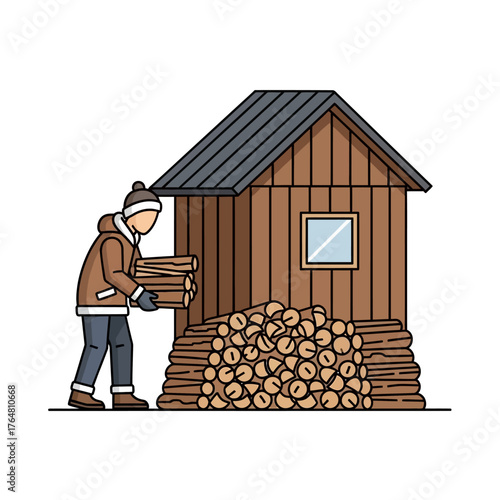 Man in winter clothes carrying firewood to wooden shed with large pile logs next to it, preparing for cold weather and winter season