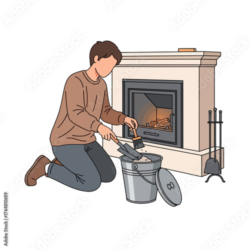 Person kneeling and cleaning out fireplace, using shovel and brush to put ashes into metal bucket, with fireplace tool set nearby