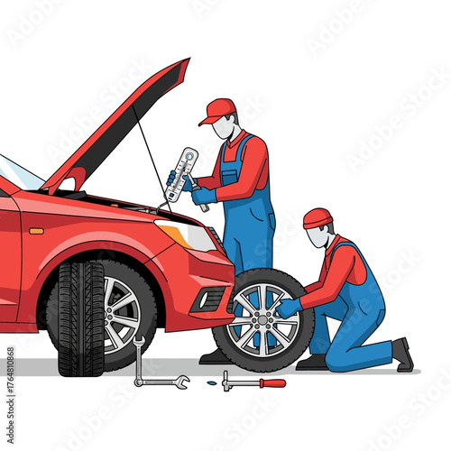 Two mechanics working on red car with the hood open, one is changing the tire and the other is looking at the engine