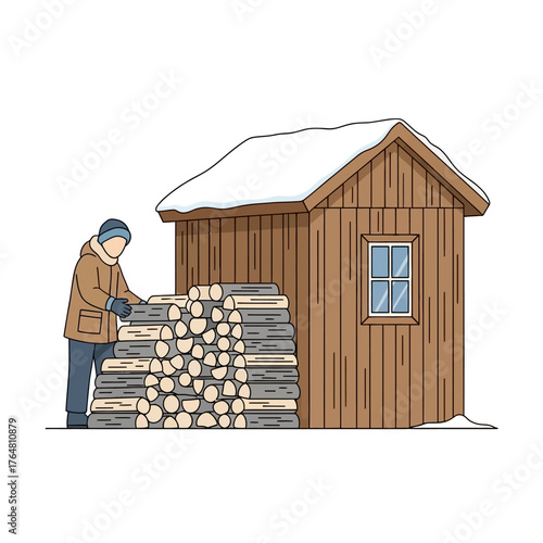 Man stacking firewood next to wooden shed in snowy environment