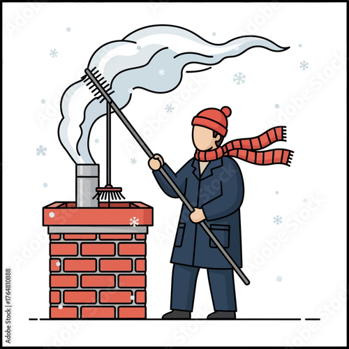 Chimney sweep cleaning chimney with brush, smoke coming out, in snowy environment