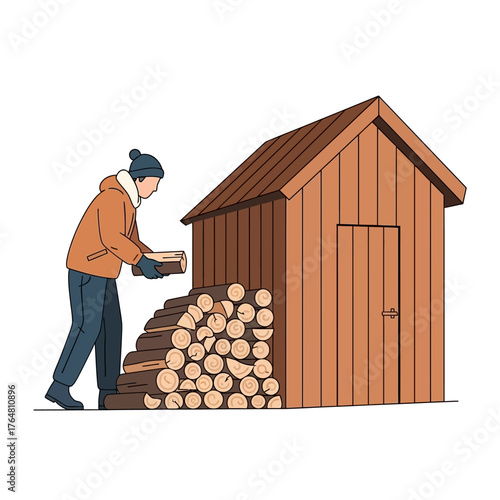 Man stacking firewood near wooden shed in winter, preparing for cold weather