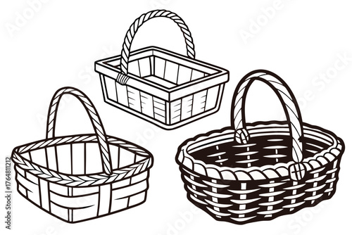 Stylized vector line art of three empty woven baskets, perfect as versatile graphic elements for storage, shopping, craft, or decorative design concepts, offering traditional charm