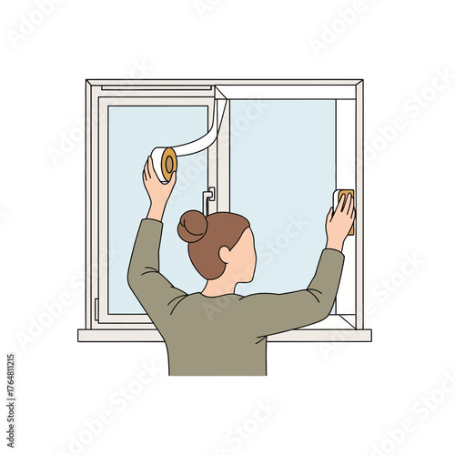 Woman applying tape to window frame, preparing for winter or sealing for insulation, home maintenance and diy concept