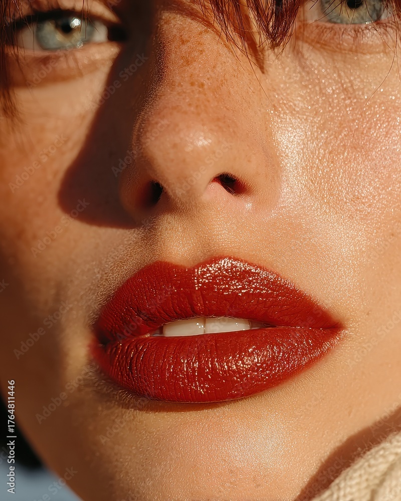 Naklejka premium Close-up of a woman's vibrant lips and skin.