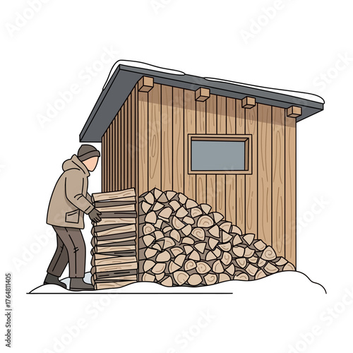 Man stacking firewood next to wooden shed in snowy environment, depicting winter preparation and fuel storage for heating