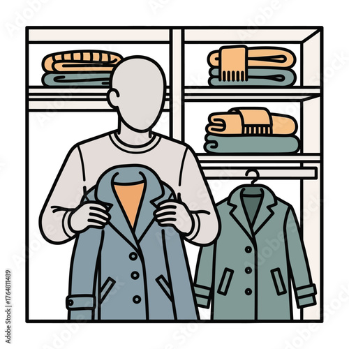 Person organizing and folding clothes in closet with shelves full folded garments and hanging coats