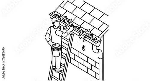 Person cleaning out blocked roof gutter filled with autumn leaves while standing on ladder