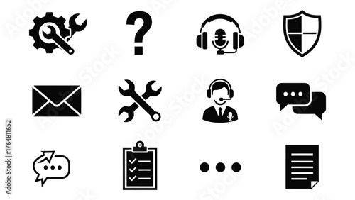 Collection of support and communication icons for business and technical services silhouette