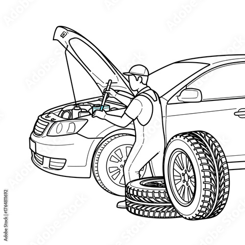 Mechanic working on car engine with the hood open, surrounded by spare tires