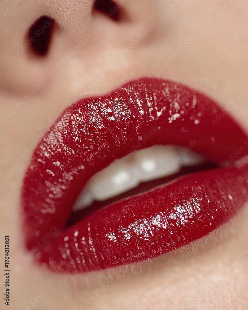 Obraz premium Close-up of glossy red lips with perfect shine.