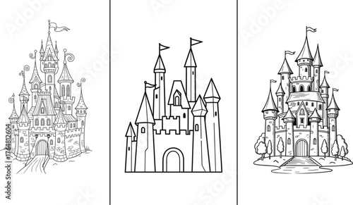 Fairy Tale Castle Line Art Vector Set, Medieval Fortress and Palace Outlines, Fantasy Kingdom Drawing Icons.