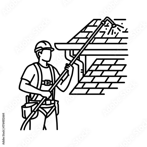 Line worker wearing hard hat and safety harness, using longhandled brush to clean gutter on house