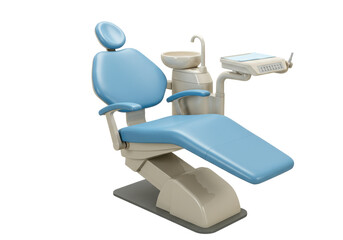 Light blue dental chair isolated PNG, modern dentist equipment for examination and treatment on transparent background