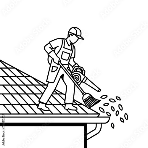 Line worker on roof using leaf blower and broom to clean gutters