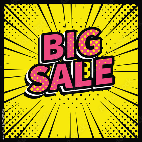 Big sale banner discount promotion poster. Vintage comic book halftone print style