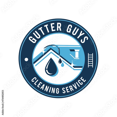 Circular logo for gutter guys cleaning service featuring stylized house roof with water droplet and ladder icon
