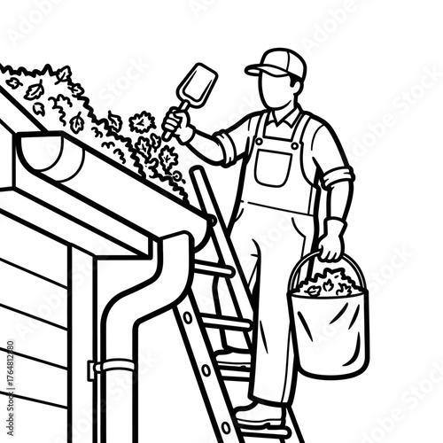Line worker on ladder cleaning gutter filled with leaves, holding scoop and bucket, symbolizing seasonal home maintenance and outdoor work