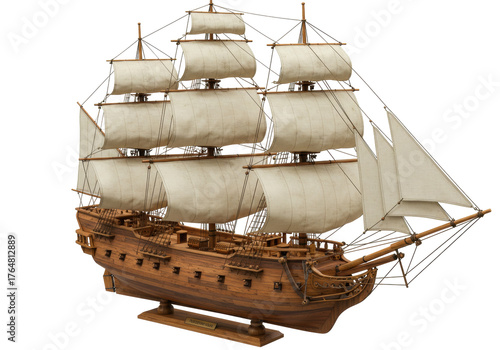 Detailed wooden galleon ship model isolated PNG, vintage sailing vessel with sails on transparent background, nautical decor and maritime history