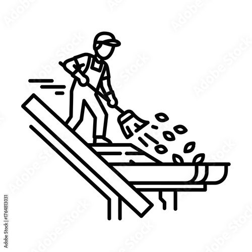 Gutter cleaning worker sweeping debris and leaves from roof gutter with broom, illustrating the process clearing blockages for proper water flow and home protection