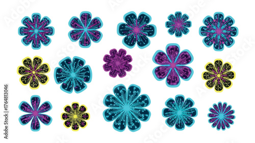 Floral Kaleidoscope: An assortment of vibrantly colored, geometrically designed blossoms presents a delightful array of visual intrigue and floral inspiration.