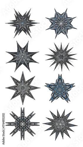 A set of stars, stars collection, star vector icons vector art of collection of eight intricate, dark, metallic, and abstract star shapes, each with sharp points and complex geometric patterns