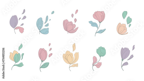 Floral Symphony: A curated collection of delicate, hand-drawn floral designs showcases a spectrum of soft pastel hues, each petal and leaf exuding a unique charm and artistic expression.