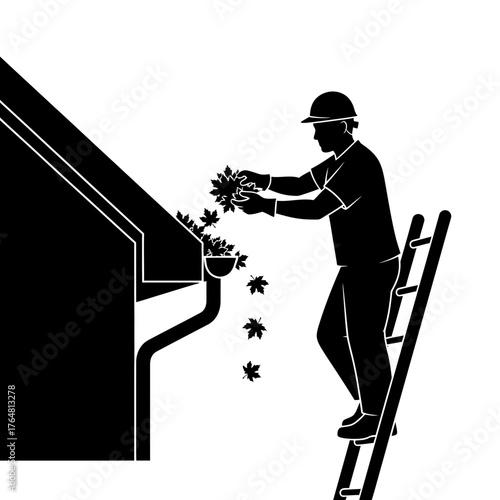 Silhouette worker on ladder cleaning gutters filled with leaves, autumn maintenance concept
