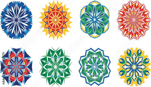 Set of Vibrant Abstract Mandala Vector Designs, Colorful Geometric Kaleidoscope Patterns, Modern Decorative Graphic Elements.