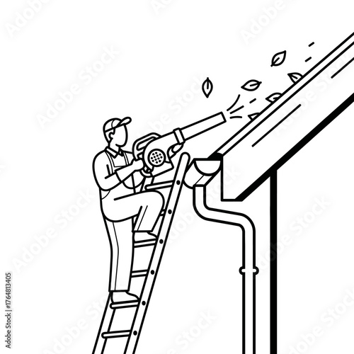 Line man on ladder using leaf blower to clean out gutter, removing leaves and debris for effective water drainage and home upkeep