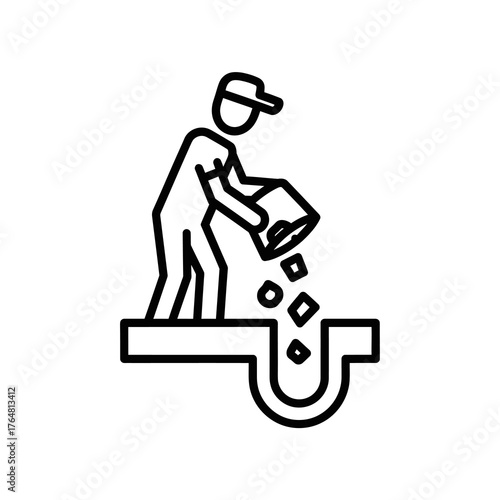 Iconographic representation person pouring debris from container into drain or gutter, symbolizing waste disposal and cleaning processes for infrastructure maintenance