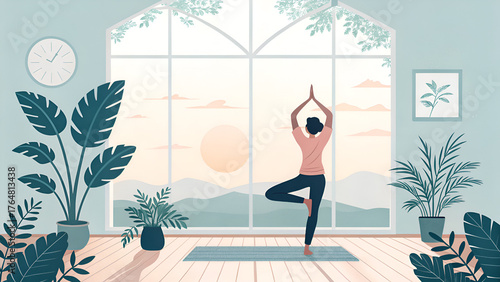 Calm Woman Meditating by Window with Warm Natural Light | Peaceful Yoga and Mindfulness Wellness Concept