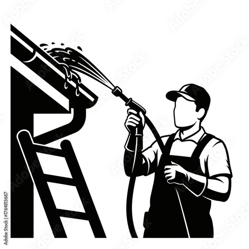 Person uses pressure washer to clean clogged gutter on house, demonstrating effective waterbased debris removal and property upkeep