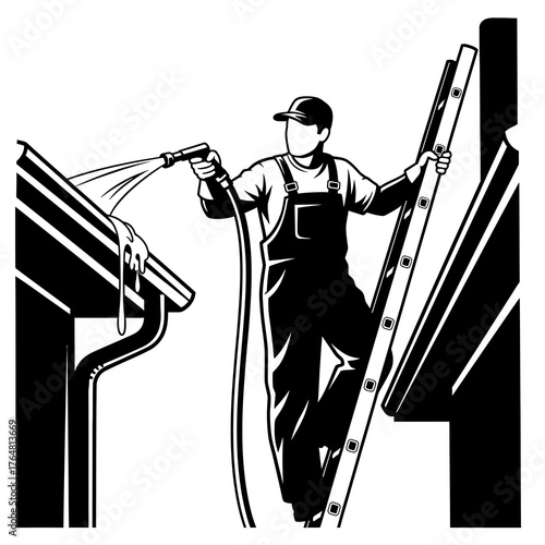 Worker in overalls and cap on ladder pressure washing gutter, illustrating thorough home maintenance and cleaning services for exterior building care and drainage system upkeep