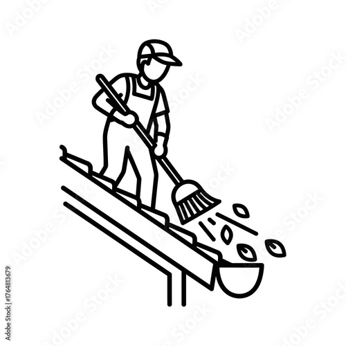 Person in overalls and cap sweeping leaves from gutter with broom, concept seasonal home maintenance and cleaning, outdoor chores