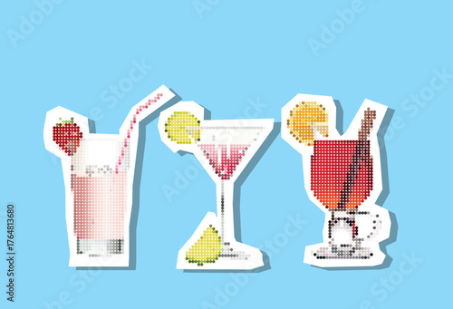 Set of different alcoholic cocktails dotted collage element in torn paper vector with pointillism.	
