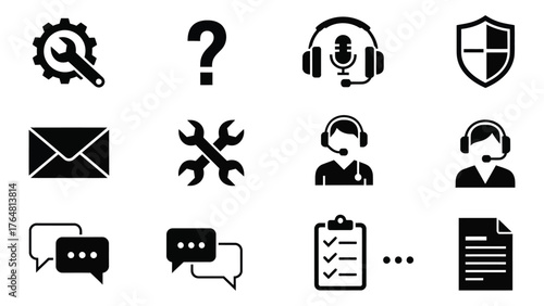 Collection of customer support and technical service icons for digital interfaces silhouette