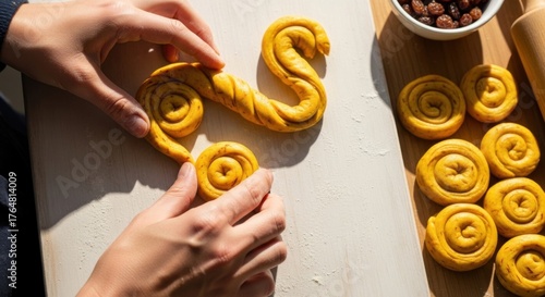 Preparing traditional swedish lucia day saffron buns for festive celebration