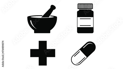 Four pharmacy and medical icons set pharmaceutical healthcare symbols for medicine and drugs silhouette