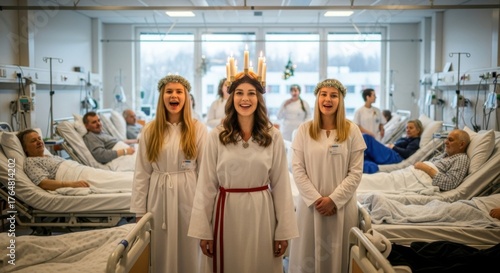Lucia day hospital celebration with saint lucia procession in traditional white gowns and candle crowns